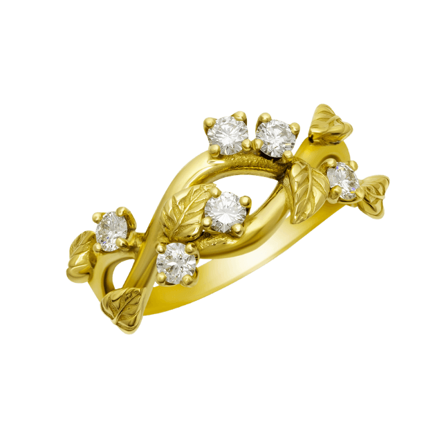 18ct Yellow gold Leaf ring set with brilliant cut diamonds